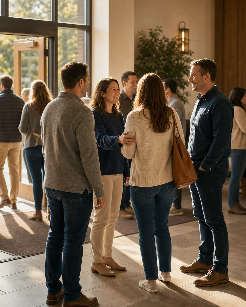 Church members standing and greeting one another in a sunlit lobby just inside the glass front doors