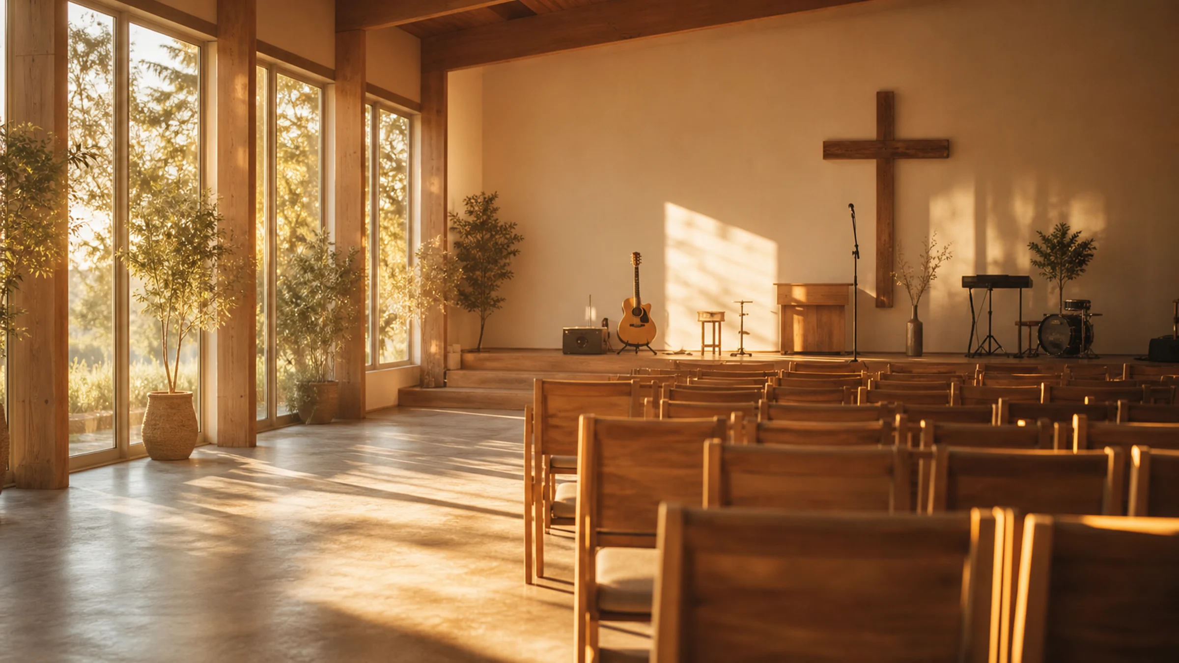 A warm, sunlit church sanctuary with rows of light wooden chairs and a congregation gathered toward a low stage and a simple wooden cross