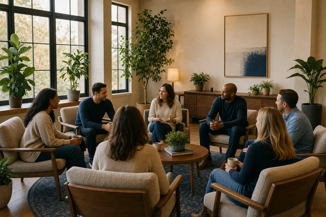 A small group seated in a circle of armchairs in a bright, plant-filled room, talking together over coffee