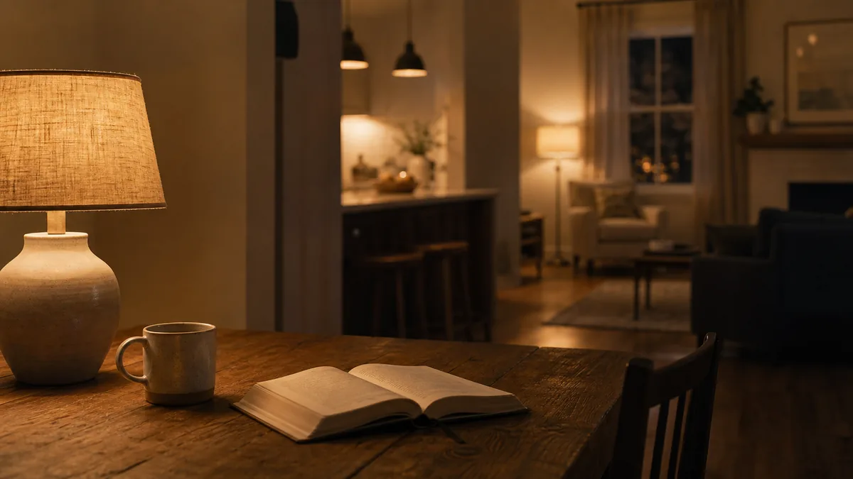 An open book and a mug on a wooden table in a warmly lit home at evening
